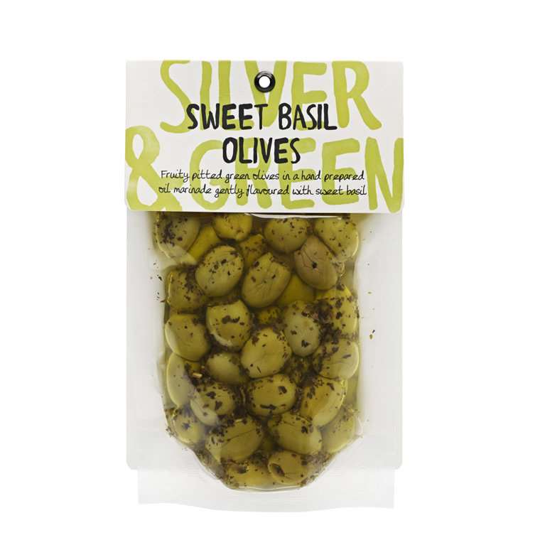 Silver & Green Olives - Sweet Basil 220gr